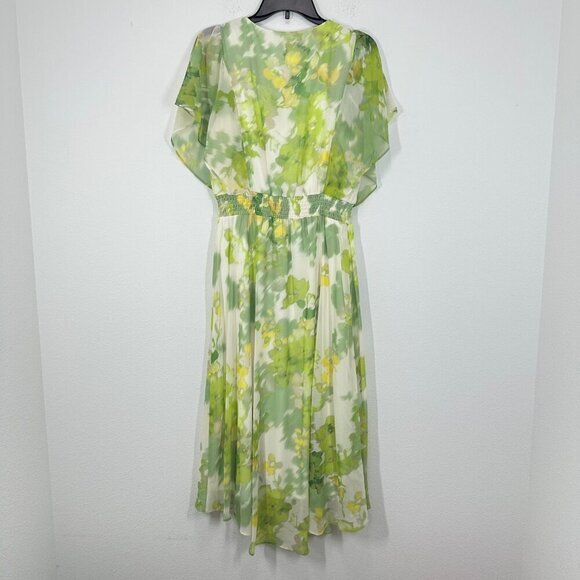DKNY Women's Size 12 Green Yellow Floral Sheer Overlay V Neck Midi Dress Wedding - Picture 6 of 11